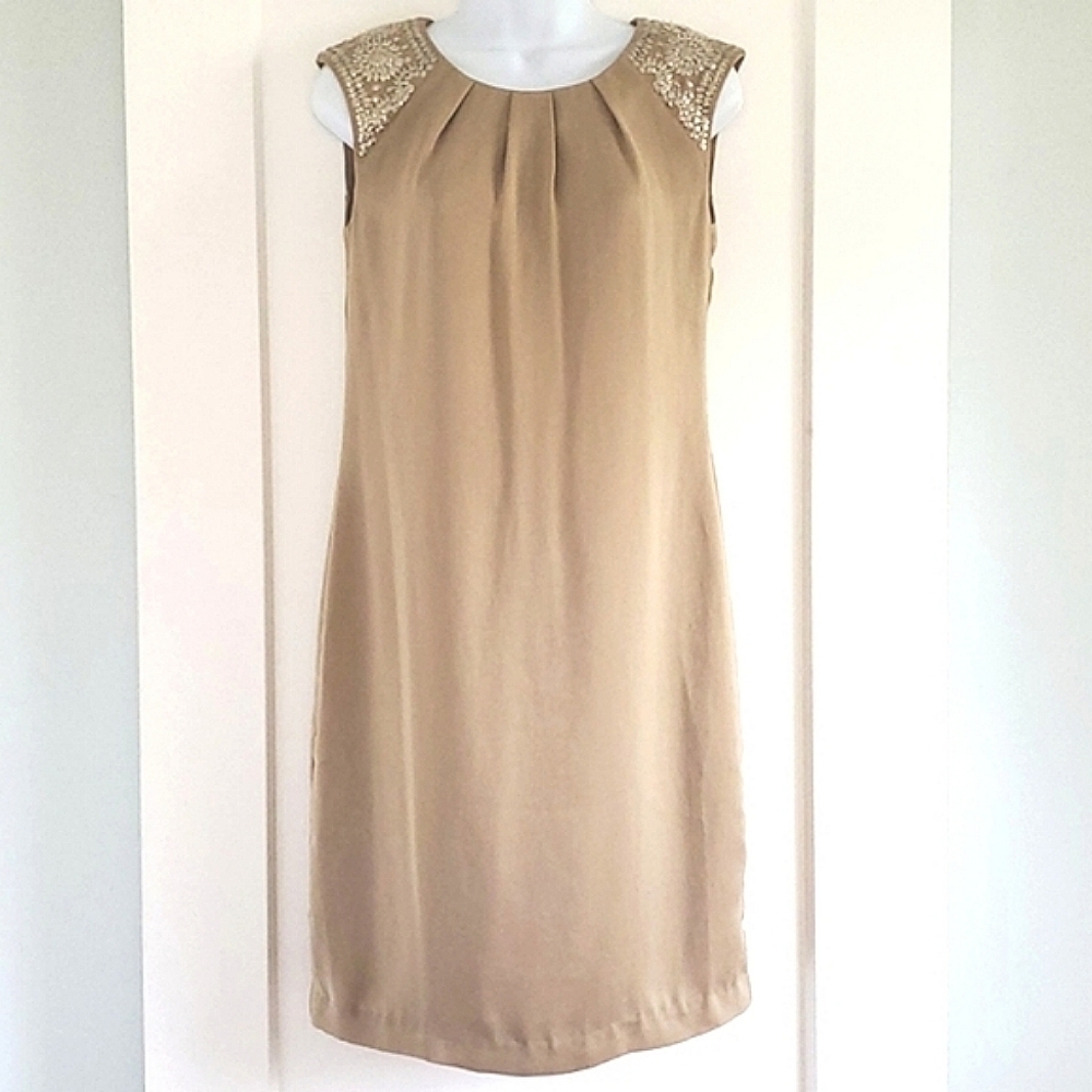 Tory Burch Oleander satin shift dress with silver embellished cap sleeve size 4.
